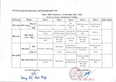 Thực đơn tuần 3 tháng 4/2026