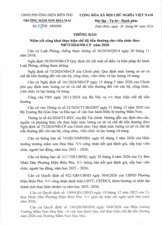 THÔNG BÁO NIÊM YẾT CÔNG KHAI THỰC HIỆN CHẾ ĐỘ TIỀN THƯỞNG CHO VIÊN CHỨC THEO NGHỊ ĐỊNH 73/2024/NĐ - CP NĂM 2026