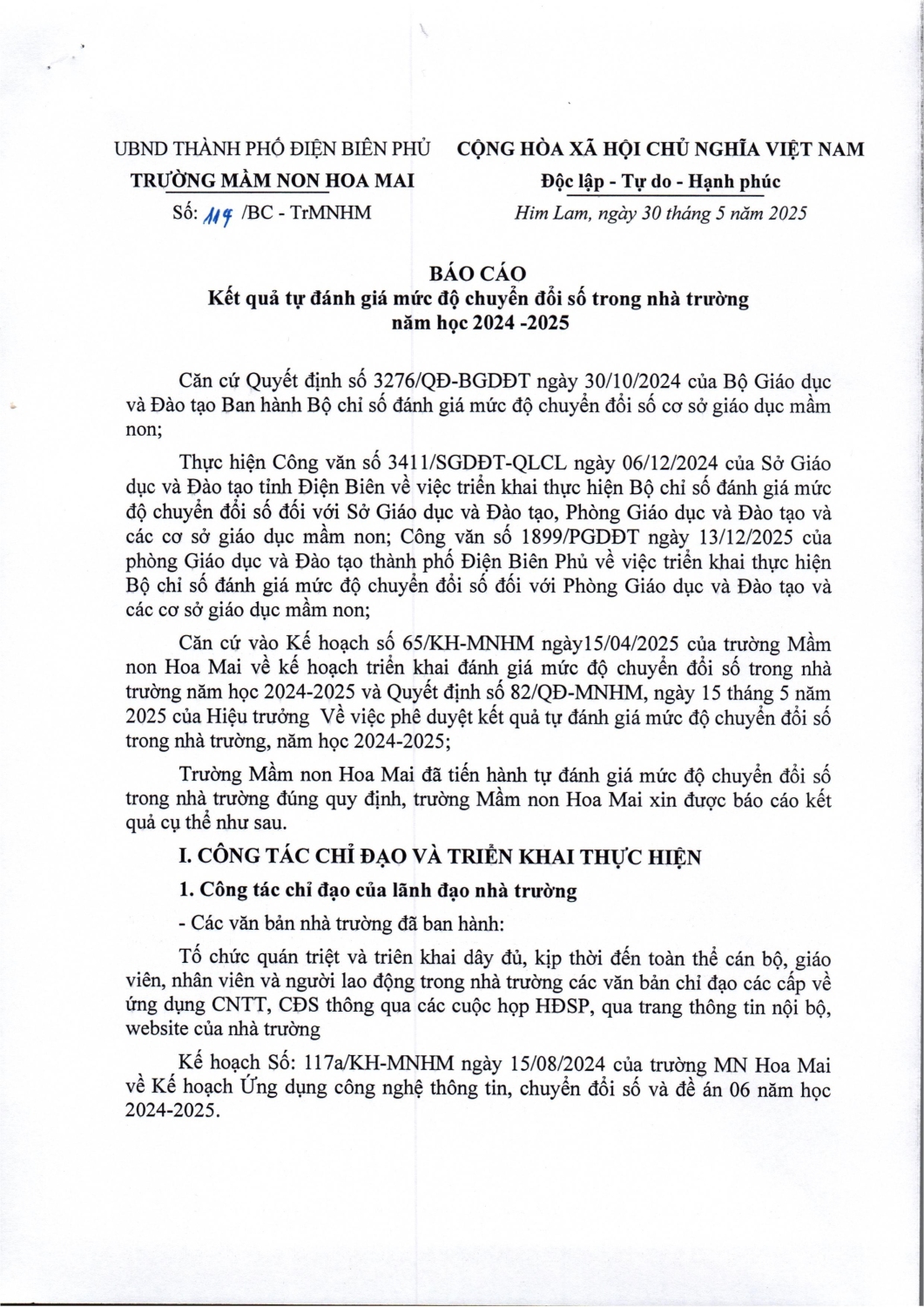 BÁO CÁO KẾT QUẢ TỰ ĐÁNH GIÁ MỨC ĐỘ CHUYỂN ĐỔI SỐTRONG NHÀ TRƯỜNG NĂM HỌC 2024 - 2025