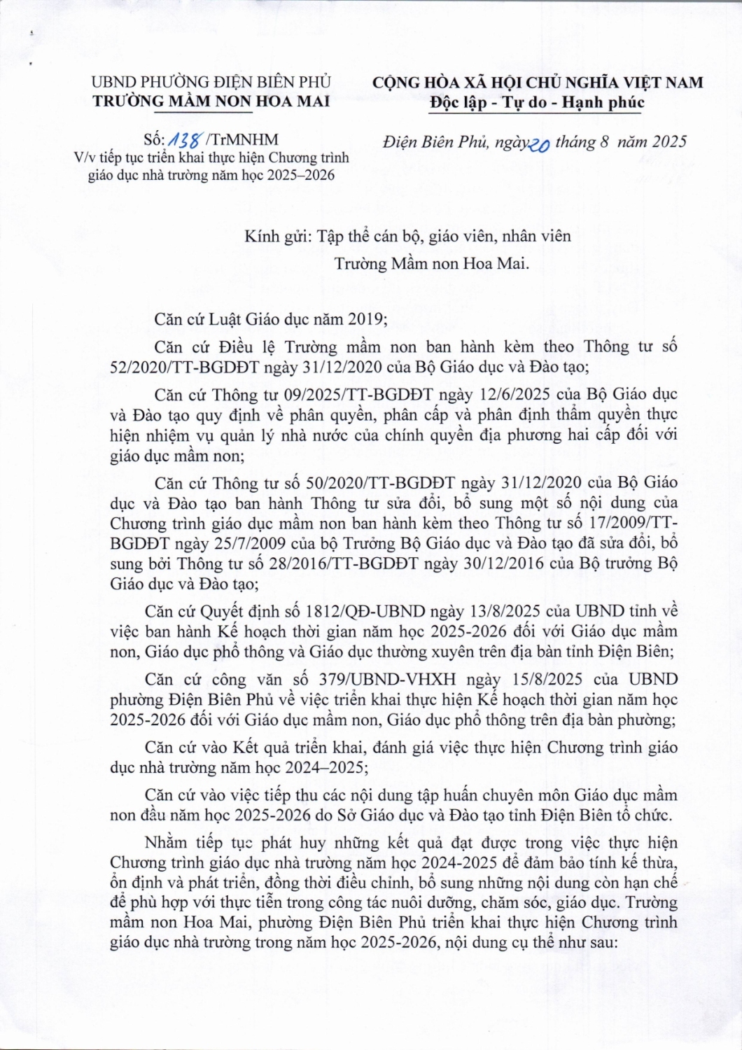 Chương trình giáo dục nhà trường năm học 2025 - 2026