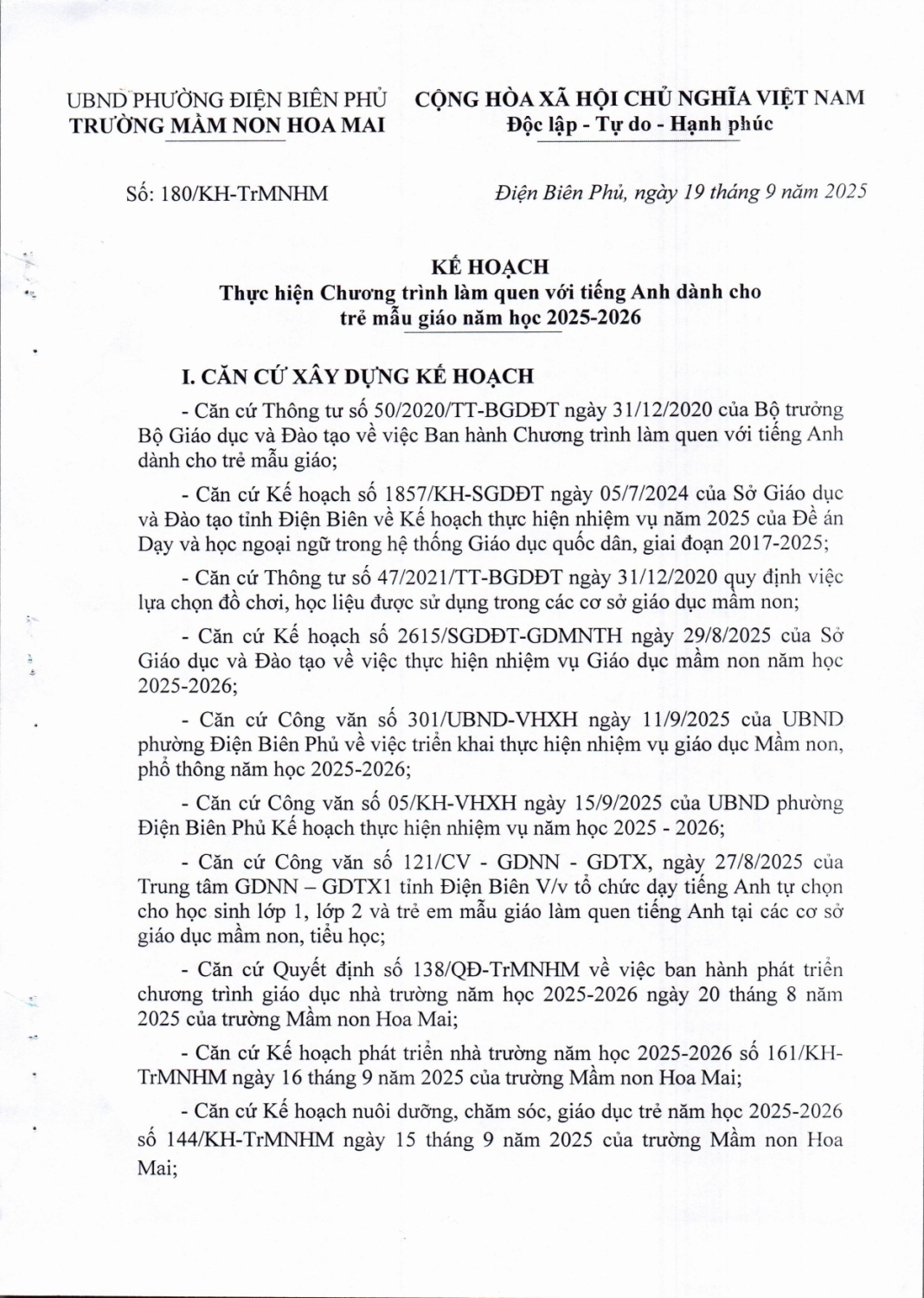 Kế hoạch làm quen với tiếng anh