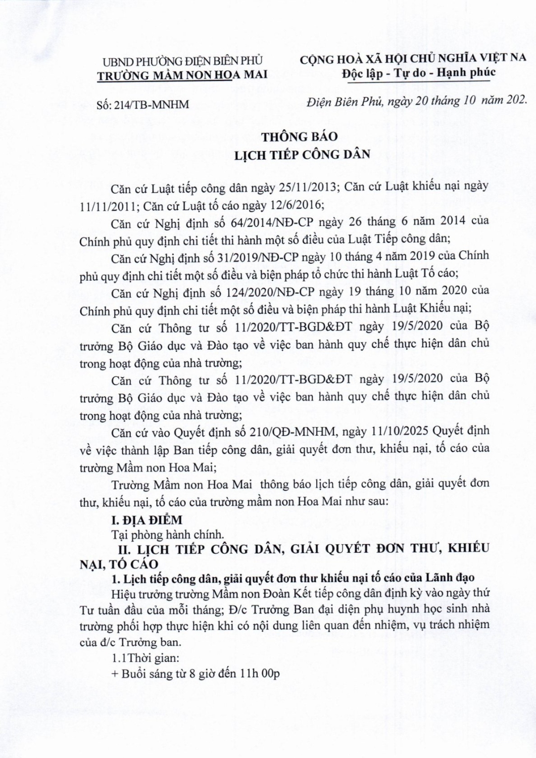 Thông báo lịch tiếp công dân