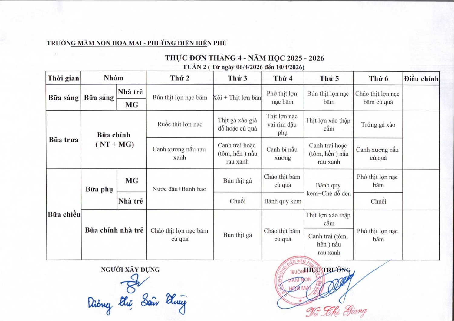 Thực đơn tuần 2 tháng 4 2026
